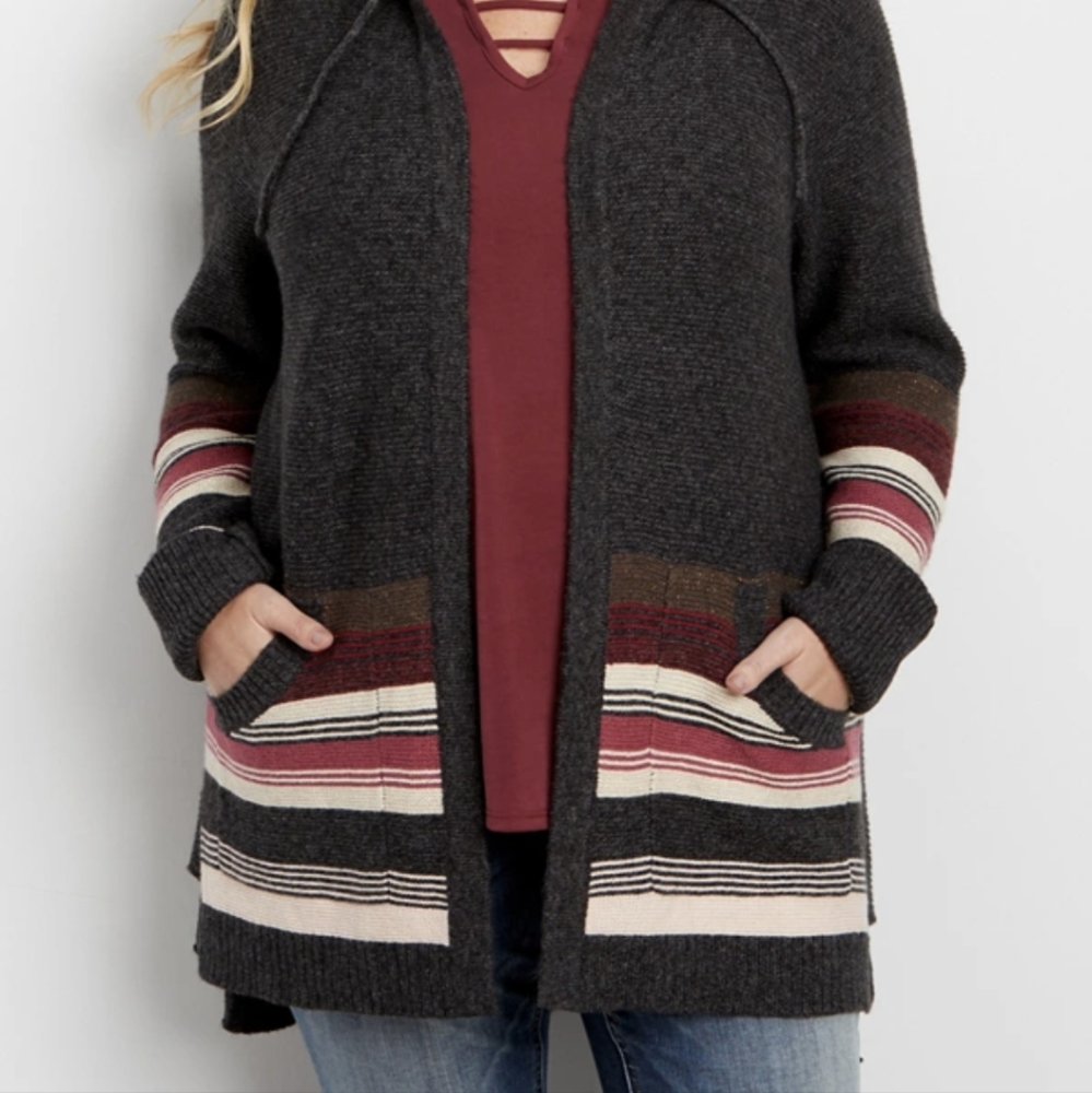 Plus size hooded cardigan with stripes